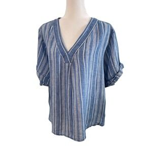 Pilcro V neck 100% linen white and blue striped cuffed sleeve  - XL